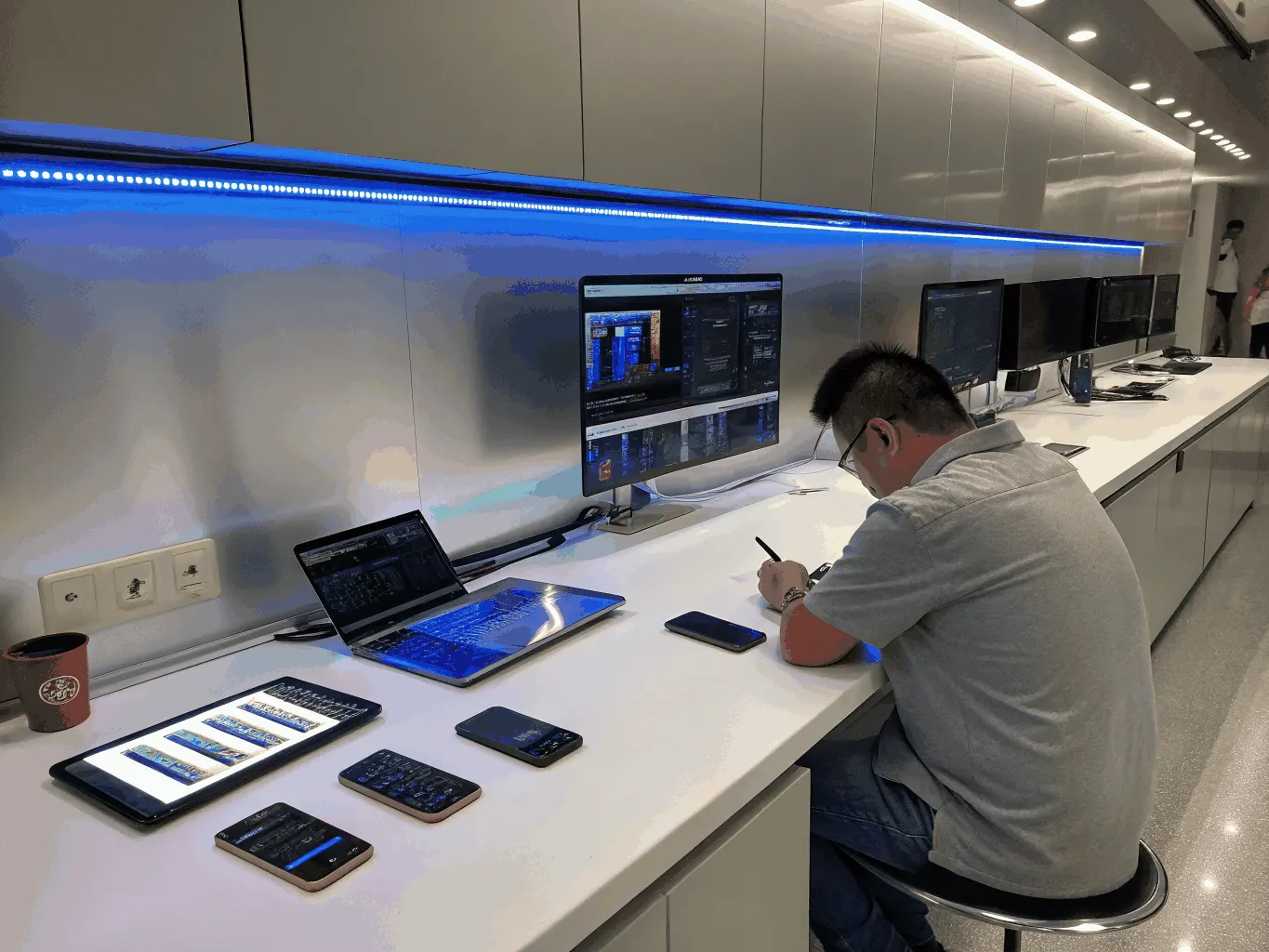 An engineer taking notes at a hardware testing bench lined with laptops, phones and monitors.
